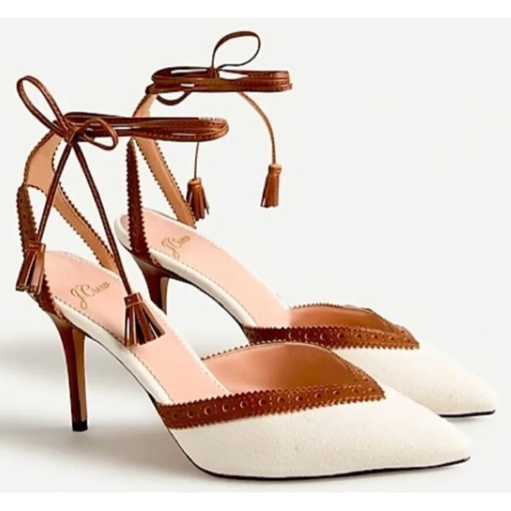 DESIGNER J. CREW ELSIE BIEGE CANVAS BROWN LEATHER POINTED TOE ANKLE TIE SHOES